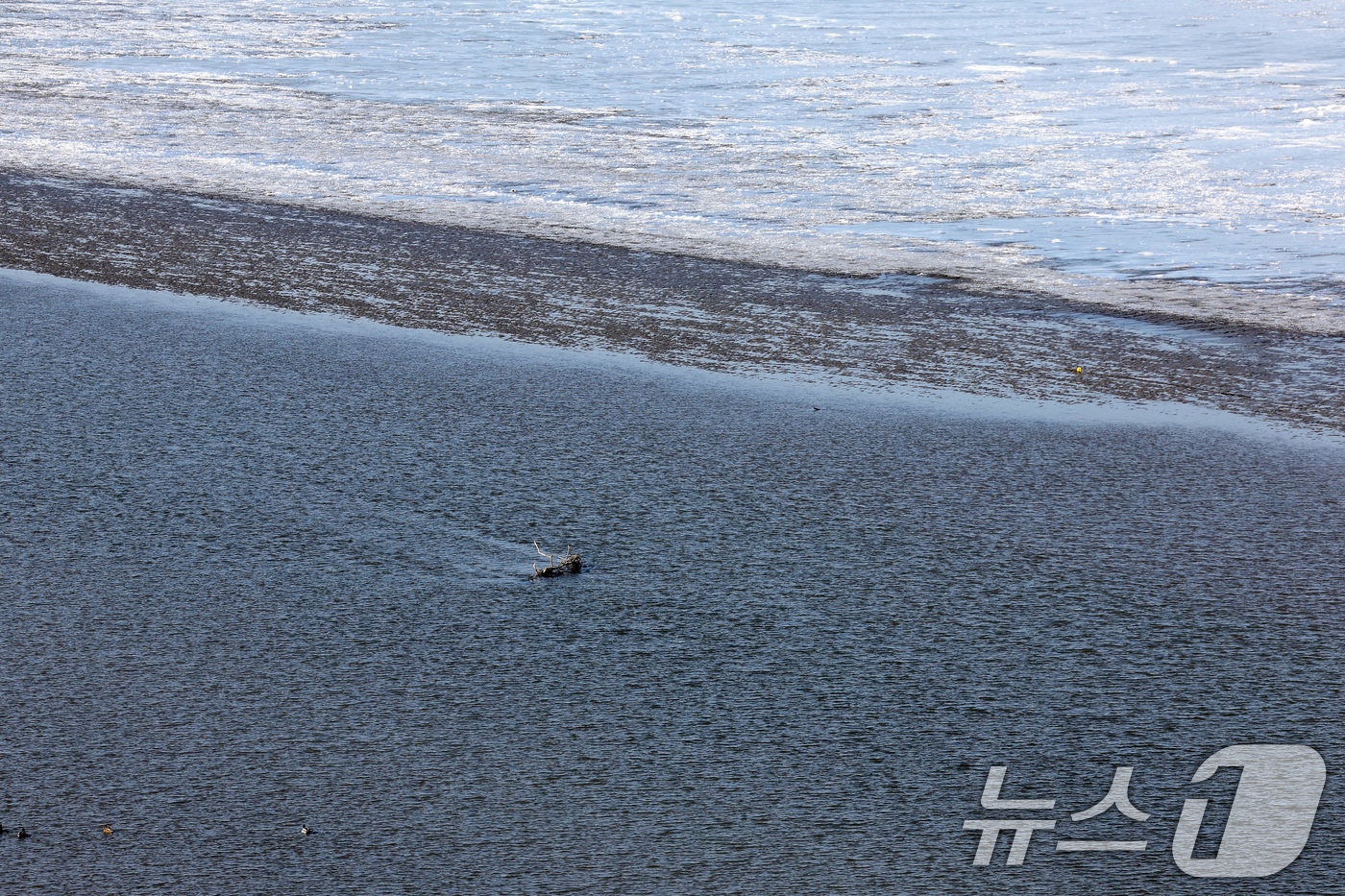 (김포=뉴스1) 이동해 기자 = 올겨울 들어 처음으로 한강이 결빙됐다고 기상청이 밝힌 9일 경기도 김포시 일산대교 인근 한강이 얼어 있다.한강 결빙은 한강대교 두 번째와 네 번째 …
