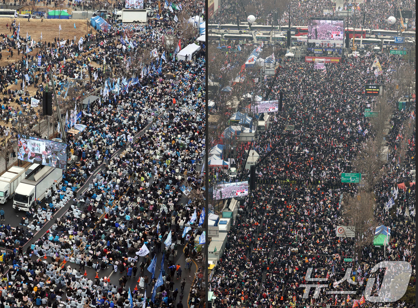 (서울=뉴스1) 황기선 이승배 기자 = 3·1절인 1일 서울 도심 곳곳에서 윤석열 대통령 탄핵 찬반 집회가 열렸다.사진 왼쪽은 종로구 안국동에서 열린 야5당 공동 '윤석열 파면 촉 …