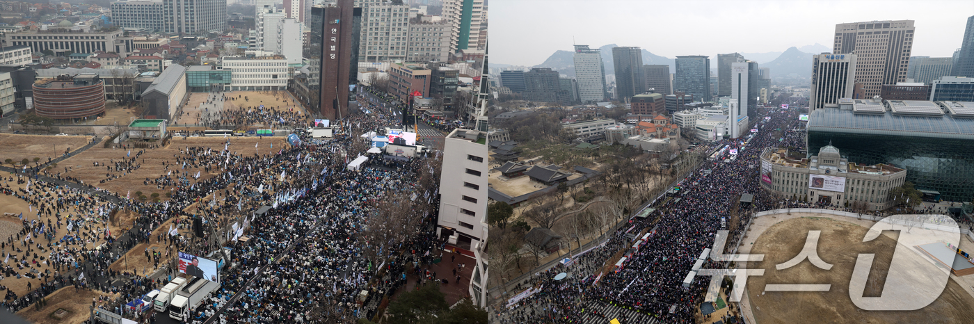 (서울=뉴스1) 황기선 이승배 기자 = 3·1절인 1일 서울 도심 곳곳에서 윤석열 대통령 탄핵 찬반 집회가 열렸다. 사진 왼쪽은 종로구 안국동에서 열린 야5당 공동 '윤석열 파면 …