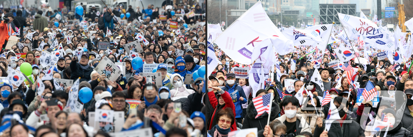 (서울=뉴스1) 황기선 이승배 기자 = 3·1절인 1일 서울 도심 곳곳에서 윤석열 대통령 탄핵 찬반 집회가 열렸다.사진 왼쪽은 종로구 안국동에서 열린 야5당 공동 '윤석열 파면 촉 …