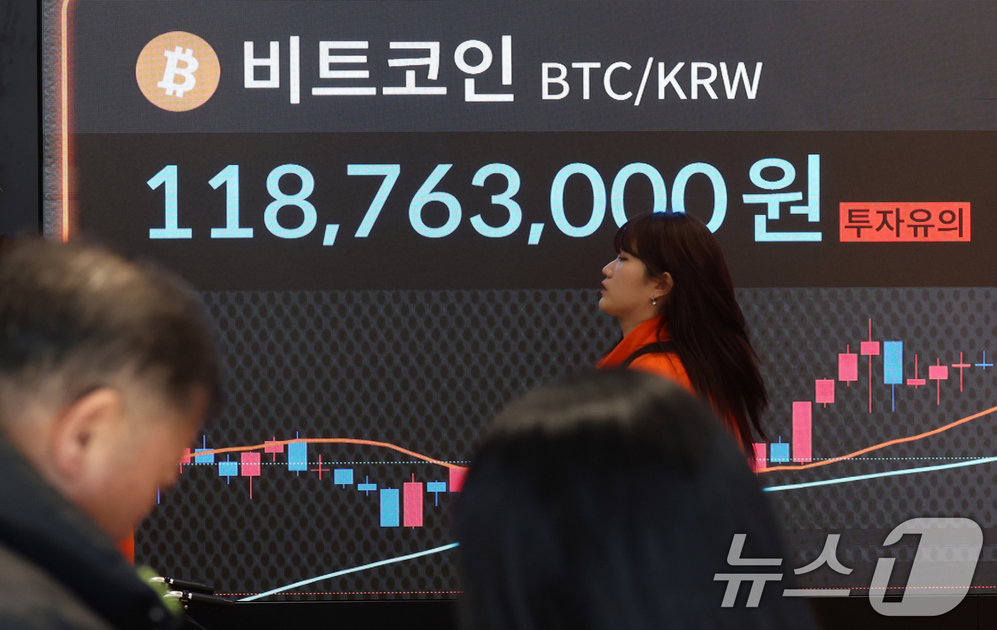 (서울=뉴스1) 김명섭 기자 = 10일 서울 서초구 빗썸라운지 전광판에 비트코인 등 가상자산 시세가 표시되고 있다.도널드 트럼프 미 대통령의 전략 비축 지시에도 하락세를 지속하는 …