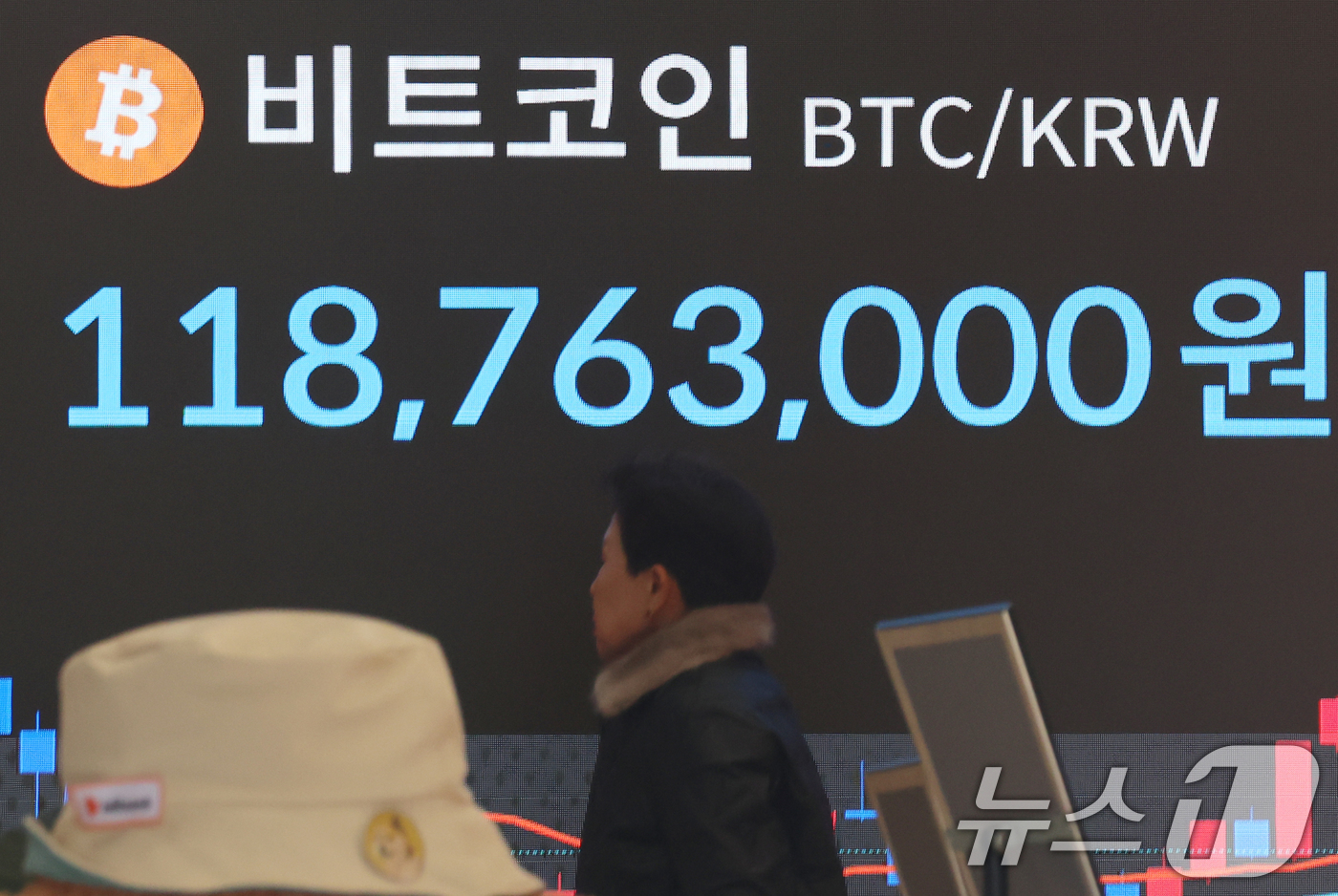 (서울=뉴스1) 김명섭 기자 = 10일 서울 서초구 빗썸라운지 전광판에 비트코인 등 가상자산 시세가 표시되고 있다.도널드 트럼프 미 대통령의 전략 비축 지시에도 하락세를 지속하는 …