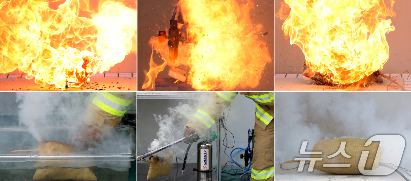 (부산=뉴스1) 윤일지 기자 = 보조배터리와 전자담배 등 항공기 기내 안전관리 강화 대책이 시행 중인 가운데 12일 부산 연제구 부산소방재난본부에서 보조배터리 열폭주와 안전보관 방 …