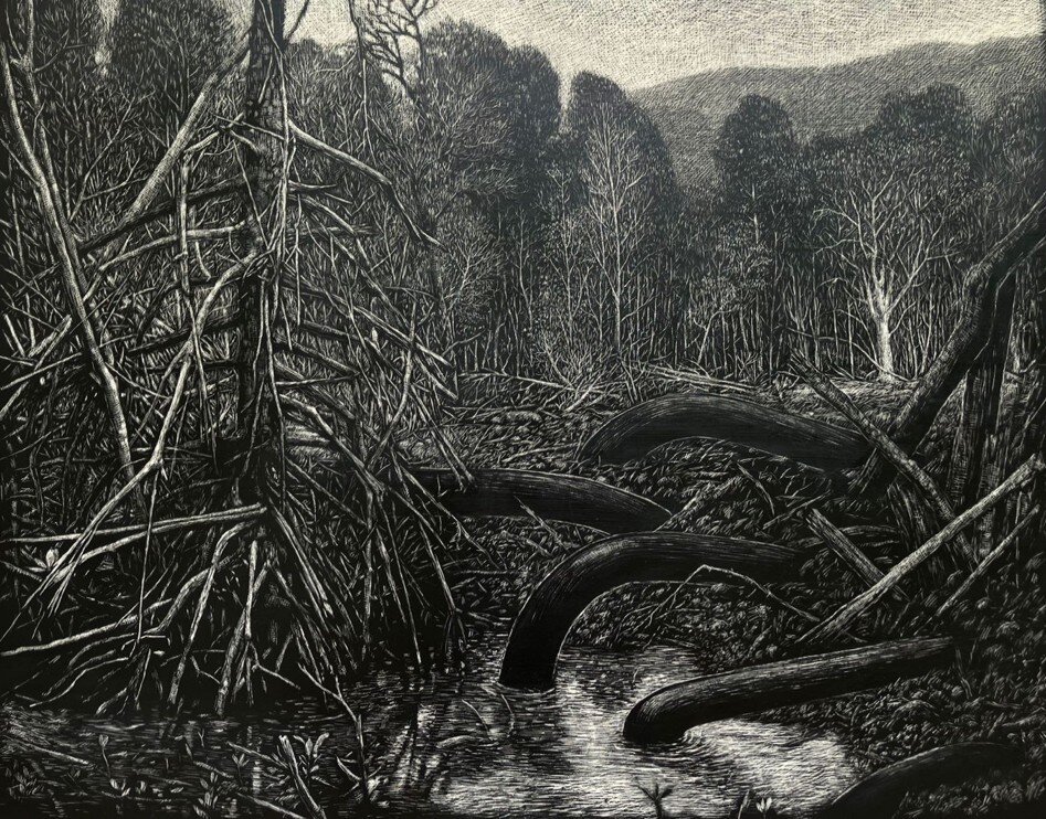 본문 이미지 - Maryanto The Shadow behind Roots&#40;Karimun Jawa Islands&#41;, 2025, Sgraffito and acrylic on canvas, 80 x 100 cm &#40;이미지 제공 : Yeo Workshop, G Gallery&#41;