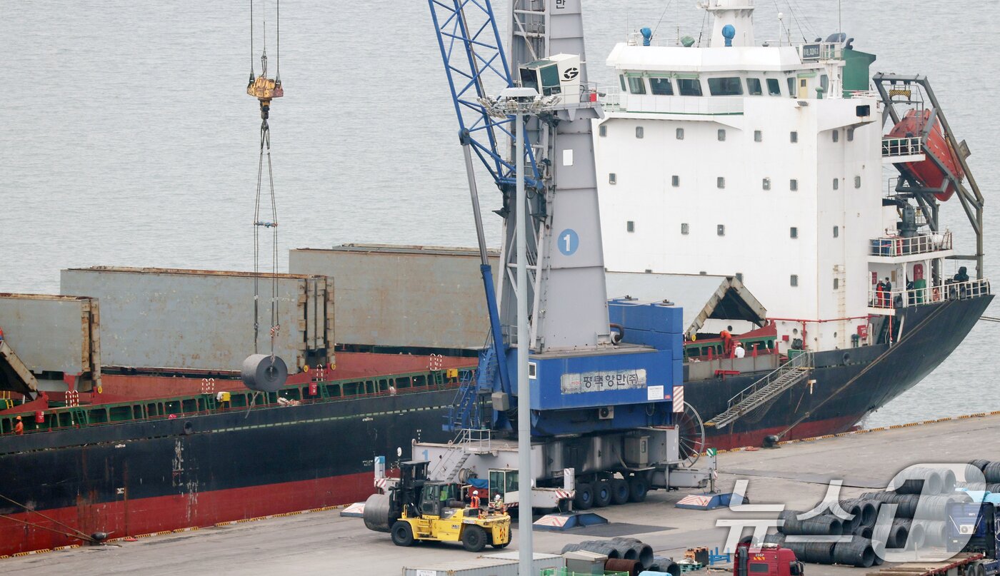 본문 이미지 - 경기 평택시 포승읍 평택항 수출 야적장에 철강 제품이 쌓여 있는 모습. /뉴스1 ⓒ News1 김영운 기자