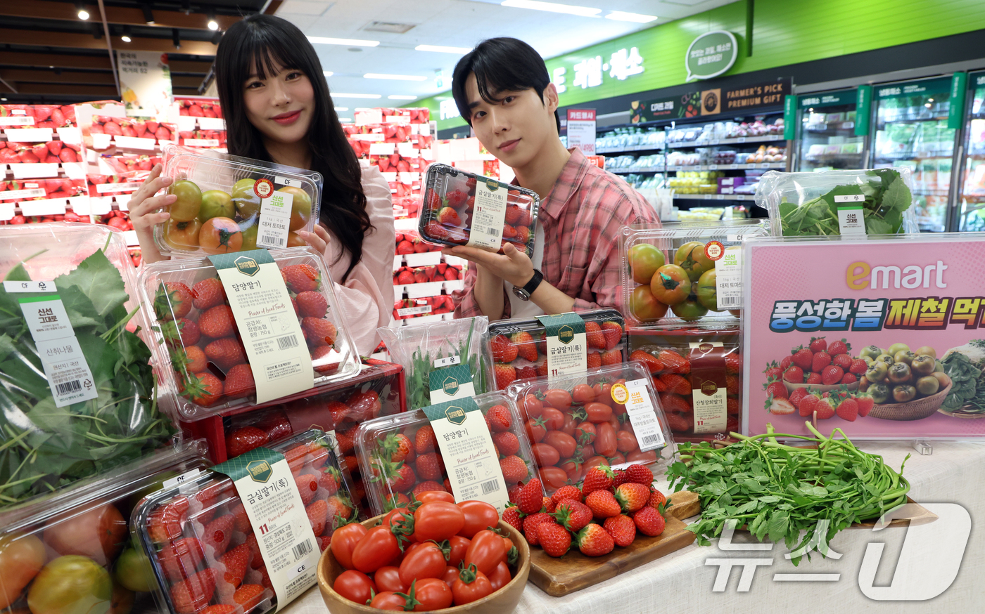 (서울=뉴스1) 김명섭 기자 = 13일 서울 용산구 이마트에서 모델들이 풍성한 봄 제철 먹거리를 선보이고 있다.이마트는 대저토마토, 딸기, 미나리 등 제철 먹거리를 오는 14일~2 …