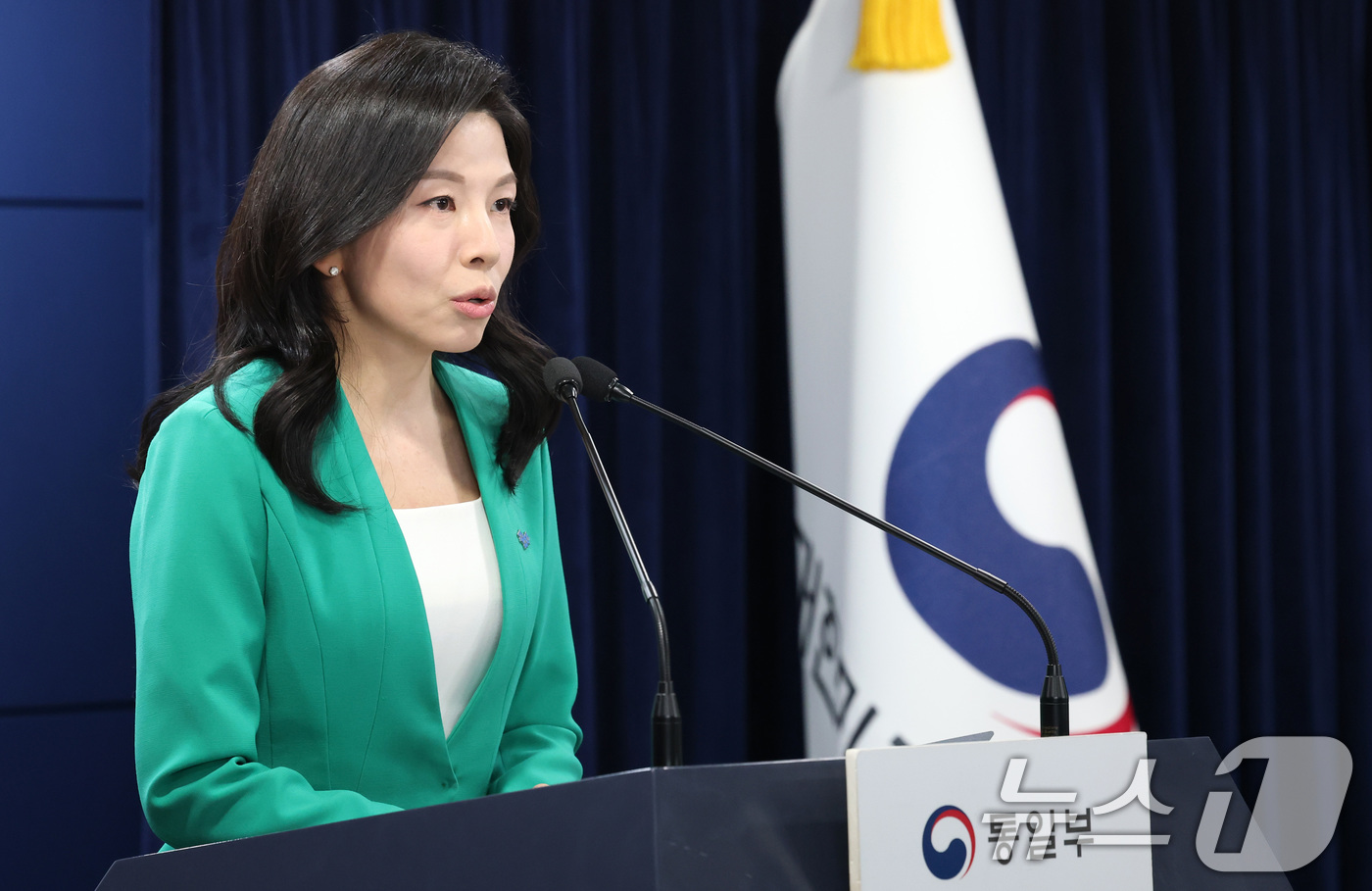 (서울=뉴스1) 임세영 기자 = 김인애 통일부 부대변인이 14일 오전 서울 종로구 정부서울청사에서 열린 정례브리핑에서 북한에 의한 김정욱, 김국기, 최춘길 선교사 구금에 대해 즉각 …