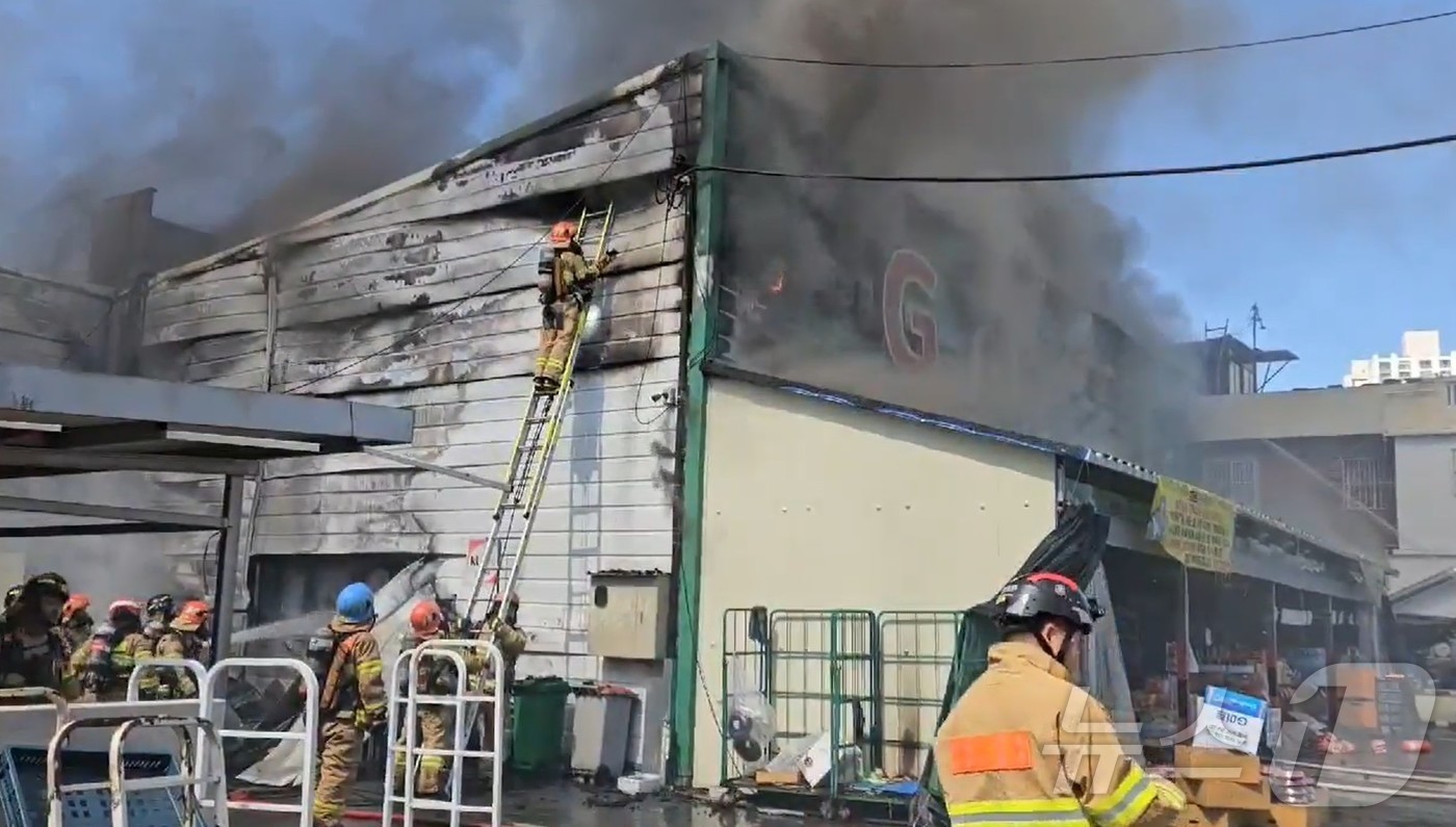 (서울=뉴스1) = 14일 부산 금정구 한 마트에서 불이 나 소방당국이 대응 1단계를 발령하고 진화하고 있다. (부산소방재난본부 제공. 재판매 및 DB 금지) 2025.3.14/뉴 …