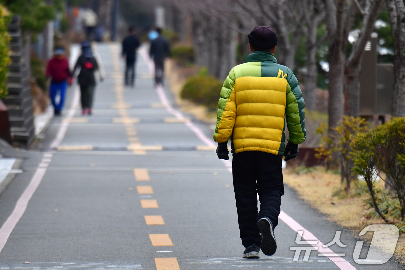 (포항=뉴스1) 최창호 기자 = 17일 경북 포항시 남구 대잠동 철길숲에서 두터운 옷 차림을 한 시민들이 걸어가고 있다.이날 포항 아침 최저기온은 3.1도(체감 기온 1도)까지 떨 …