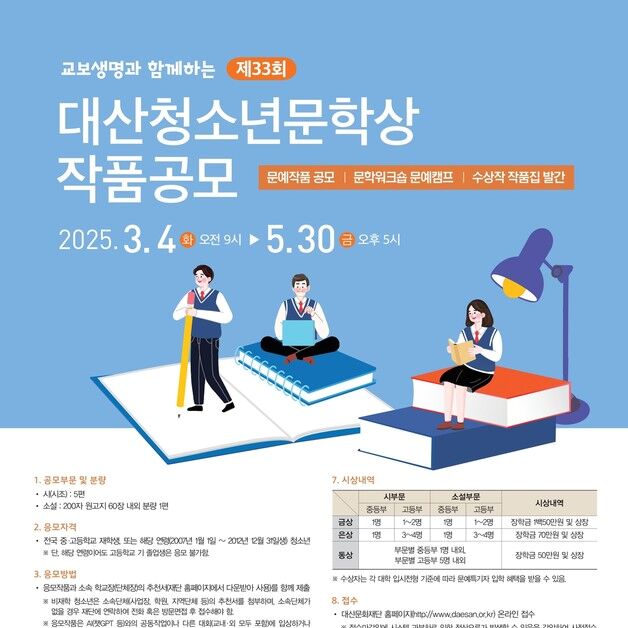 제33회 대산청소년문학상 작품 공모…총 2200여만 원 시상