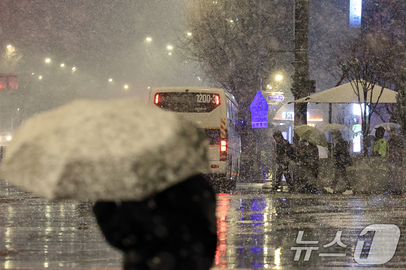 (서울=뉴스1) 박정호 기자 = 수도권과 충남 지역에 대설특보가 발효된 가운데 18일 새벽 서울 종로구 도심을 지나는 시민들이 거센 눈발을 피해 발걸음을 재촉하고 있다.행정안전부는 …