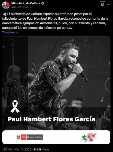 본문 이미지 - 살인 청부업자에 의해 총을 맞고 사망한 가수 폴 플로레스. &#40;사진 페루 문화부 엑스 캡처&#41;