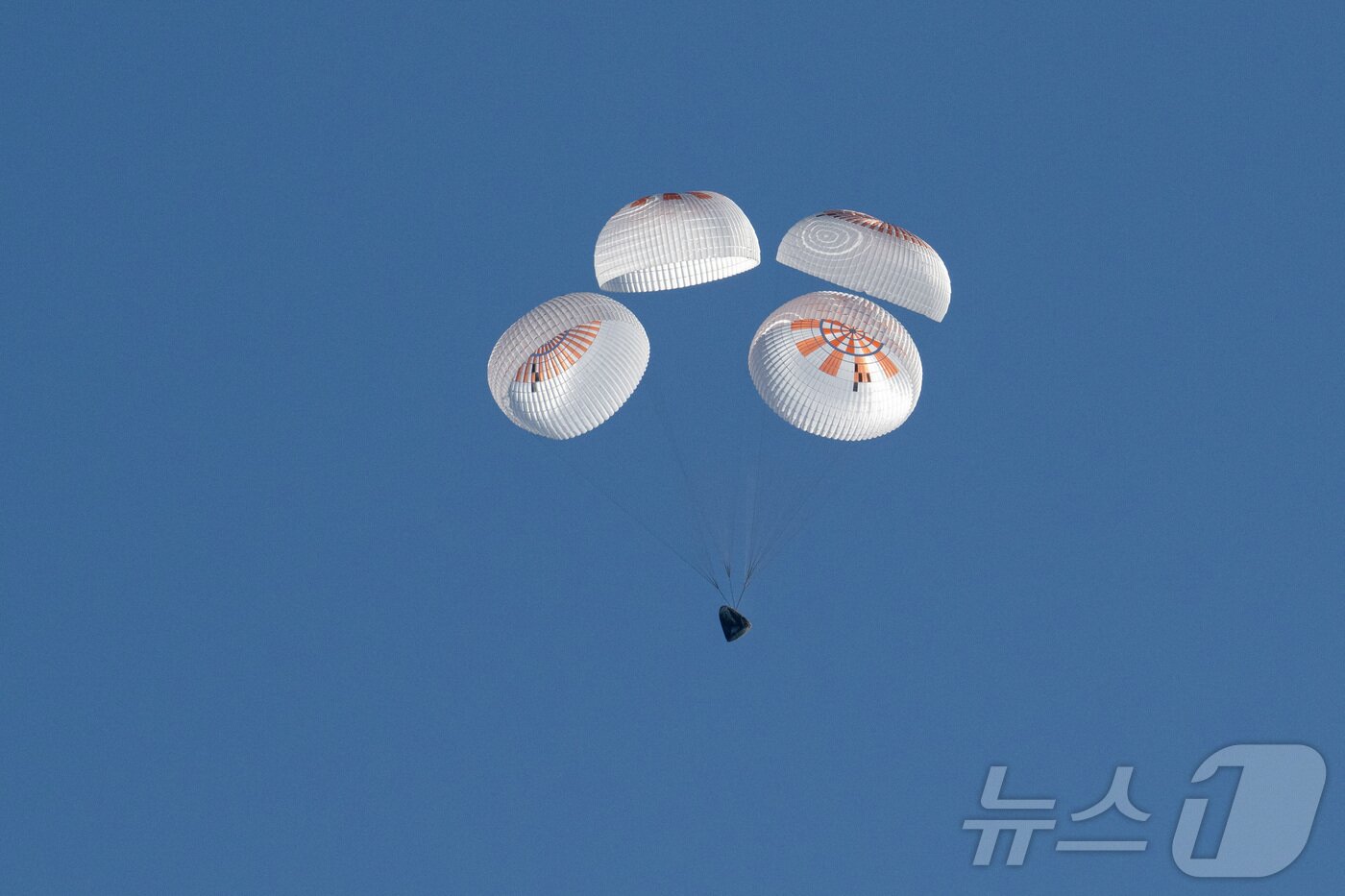 본문 이미지 - 18일&#40;현지시간&#41; SpaceX Dragon 우주선이 플로리다주 탤러해시 해안의 바다에 착륙하고 있다.ⓒ 로이터=뉴스1