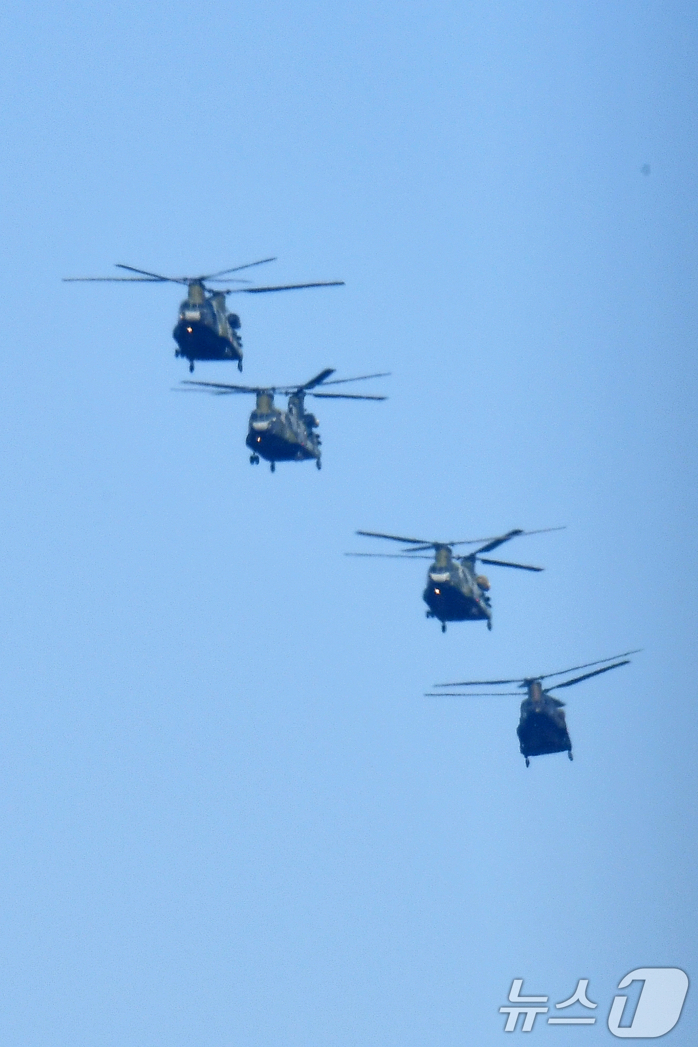 (포항=뉴스1) 최창호 기자 = 육군 항공단 소속 CH-47 헬기부대가 경북 포항시 상공위를 비행하고 있다.  2025.3.19/뉴스1