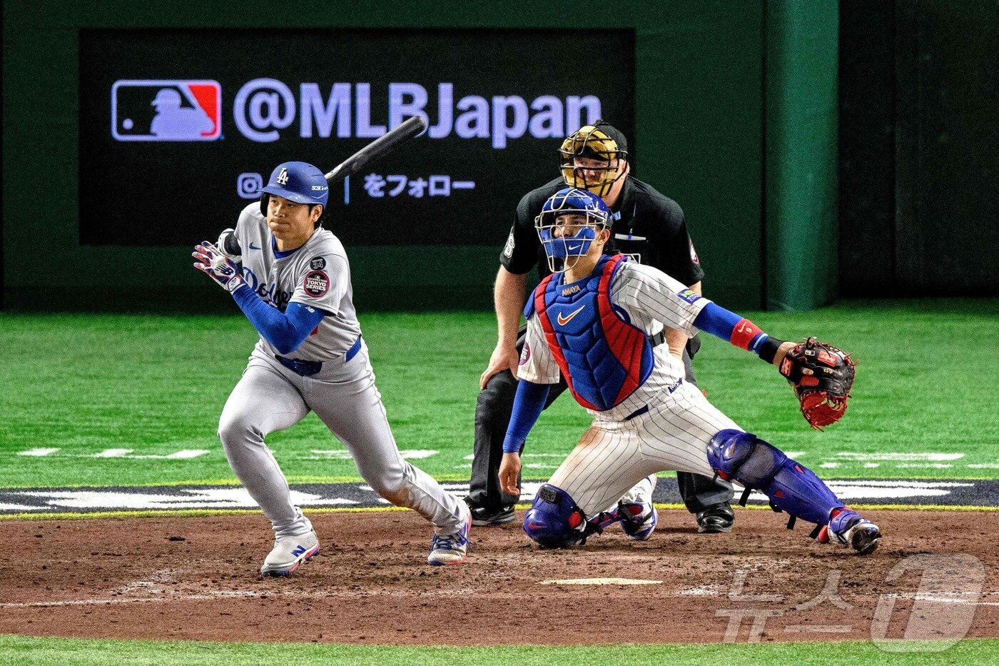 본문 이미지 -  18일 일본 도쿄돔에서 열린 메이저리그&#40;MLB&#41; &#39;도쿄 시리즈&#39; 로스앤젤레스 다저스와 시카고 컵스와의 경기에서 오타니 쇼헤이가 타격을 하고 있다. ⓒ AFP=뉴스1