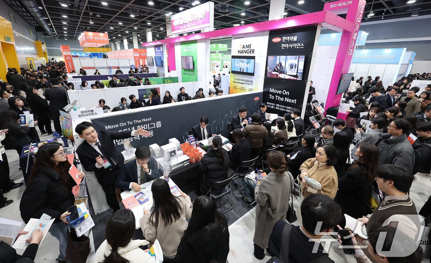 (서울=뉴스1) 김성진 기자 = 19일 서울 서초구 양재동 aT센터에서 열린 2025 대한민국 채용박람회에서 구직자들이 전시장을 둘러보고 있다.이번 박람회에는 삼성전자, 셀트리온, …