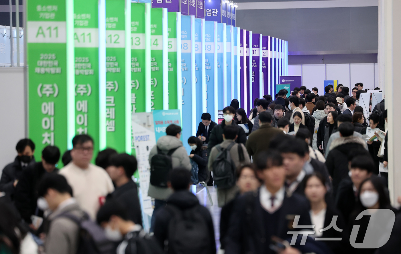 (서울=뉴스1) 김성진 기자 = 19일 서울 서초구 양재동 aT센터에서 열린 2025 대한민국 채용박람회에서 구직자들이 전시장을 둘러보고 있다.이번 박람회에는 삼성전자, 셀트리온, …