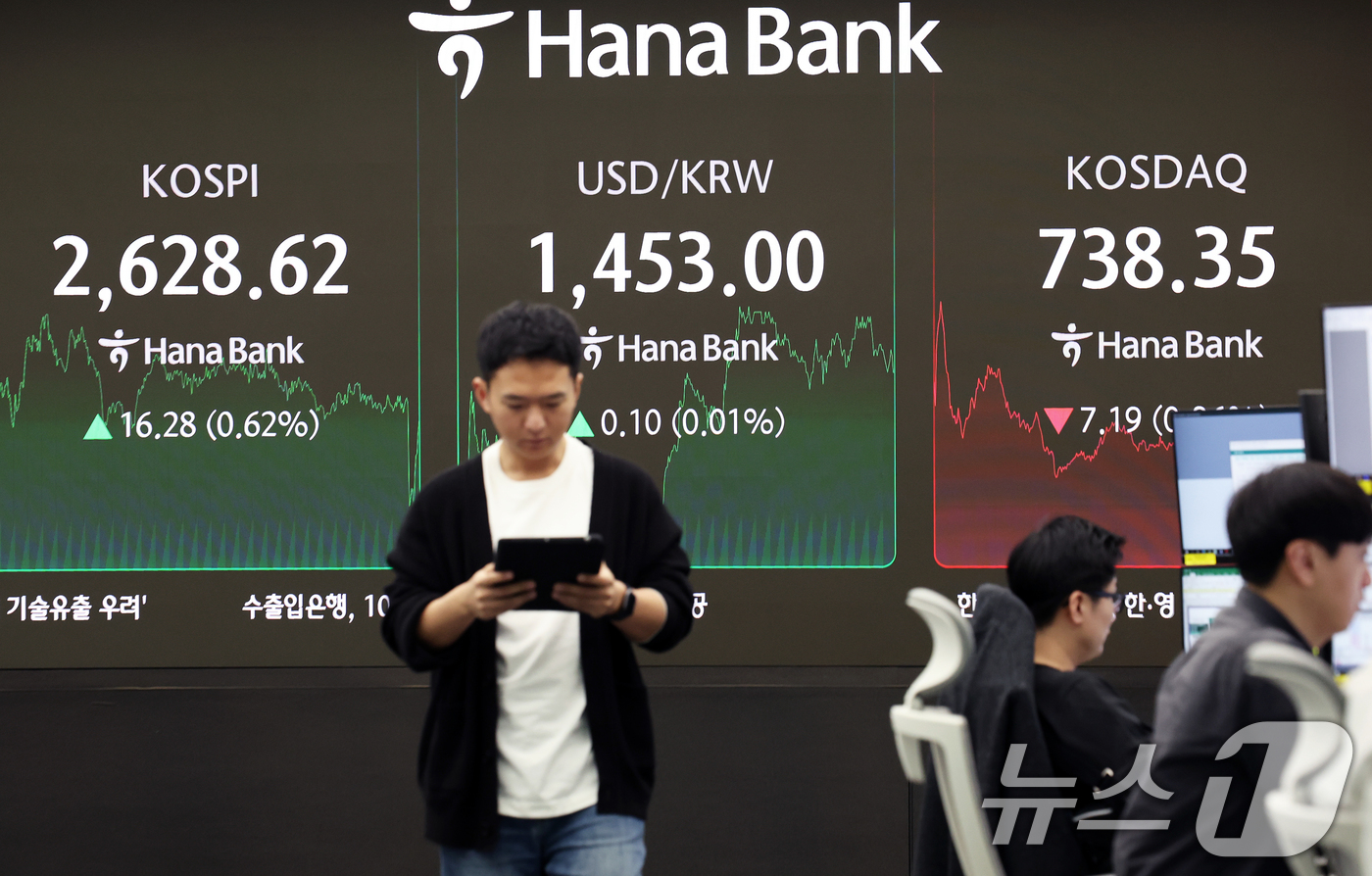 (서울=뉴스1) 오대일 기자 = 코스피 지수가 외인과 기관의 동반 매수로 상승 마감한 19일 오후 서울 중구 하나은행 딜링룸 전광판에 종가가 표시되고 있다. 이날 코스피 지수는 전 …