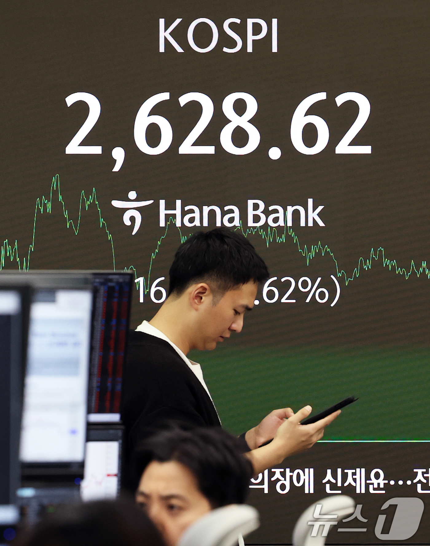 (서울=뉴스1) 오대일 기자 = 코스피 지수가 외인과 기관의 동반 매수로 상승 마감한 19일 오후 서울 중구 하나은행 딜링룸 전광판에 종가가 표시되고 있다. 이날 코스피 지수는 전 …