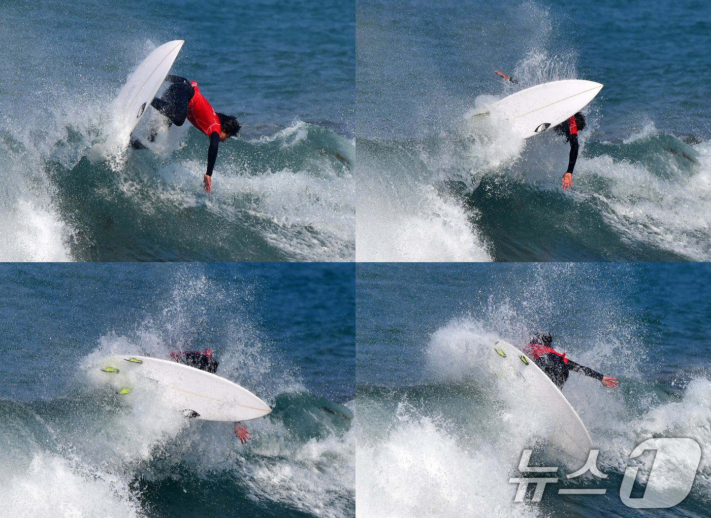 (포항=뉴스1) 최창호 기자 = 19일 경북 포항시 북구 흥해읍 용한리 해변에서 열린 제7회 포항 메이어스컵 서핑챔피언십 대회에서 남자부 숏보드 결승 경기에 출전한 선수가 최고 난 …