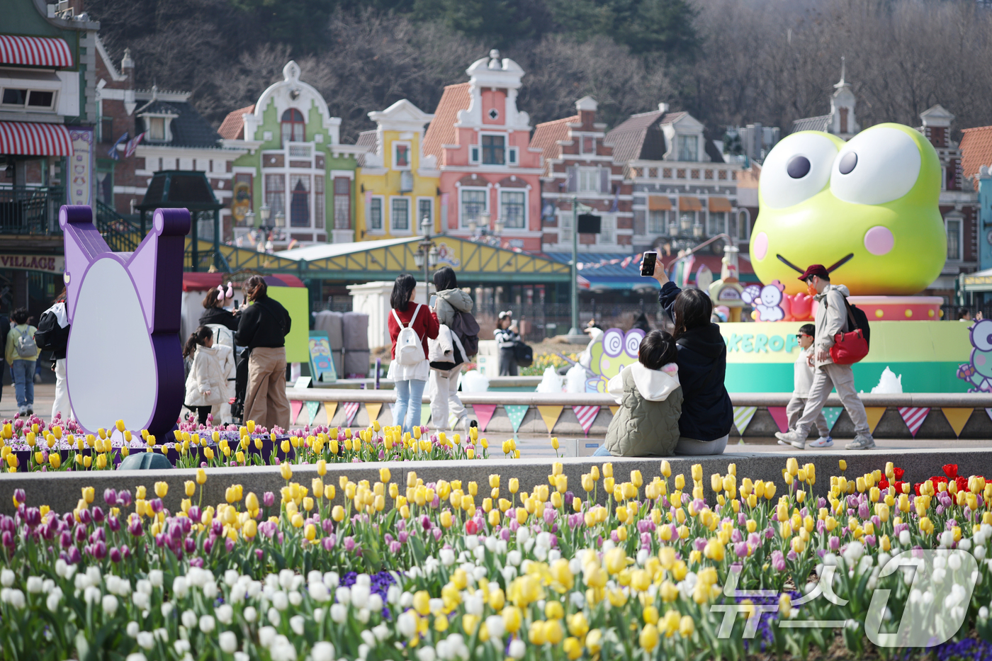 (용인=뉴스1) 김영운 기자 = 에버랜드 튤립축제가 개막한 21일 경기 용인시 처인구 에버랜드 포시즌스가든을 찾은 시민들이 튤립 사이에서 추억을 남기고 있다. 2025.3.21/뉴 …