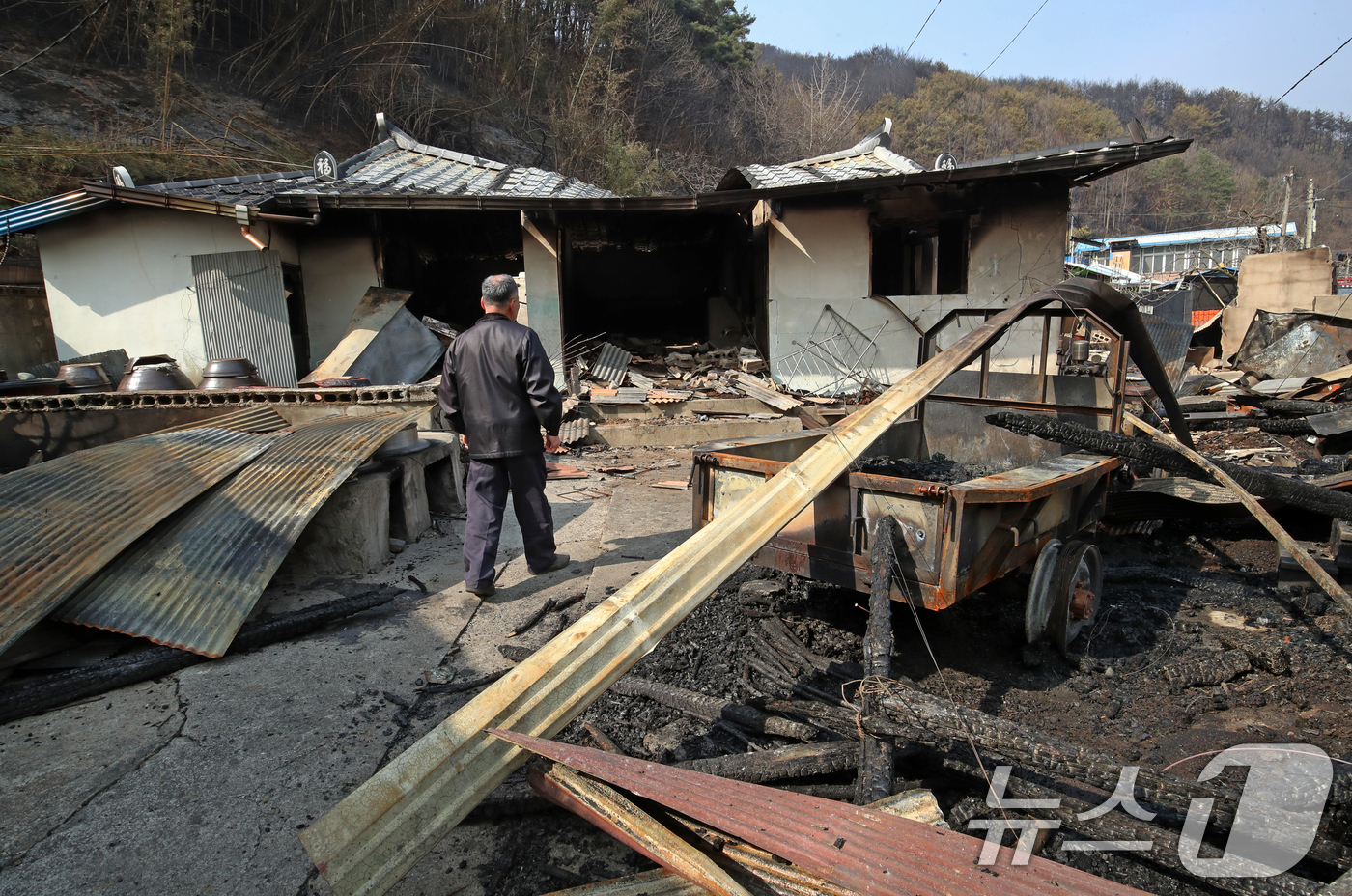 (산청=뉴스1) 윤일지 기자 = 경남 산청 대형 산불이 사흘째로 접어든 23일 오후 산청군 시천면 중태마을에서 아들이 불에 탄 어머니 집을 바라보고 있다. 2025.3.23/뉴스1 …
