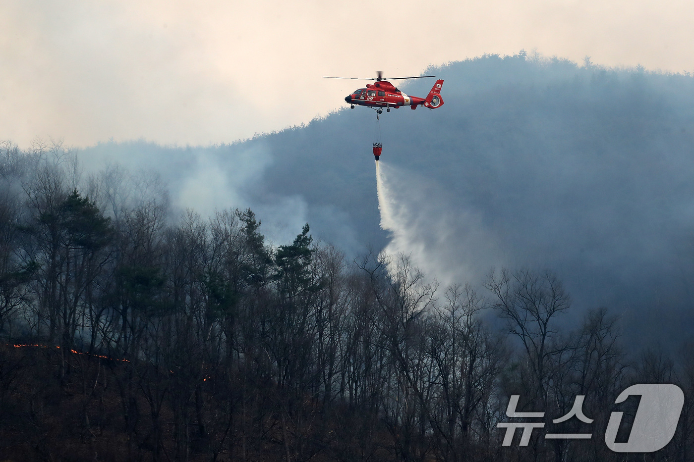 (의성=뉴스1) 공정식 기자 = 23일 오후 산불진화 헬기가 경북 의성군 안평면 야산에 불을 끄기 위해 물을 뿌리고 있다. 2025.3.23/뉴스1