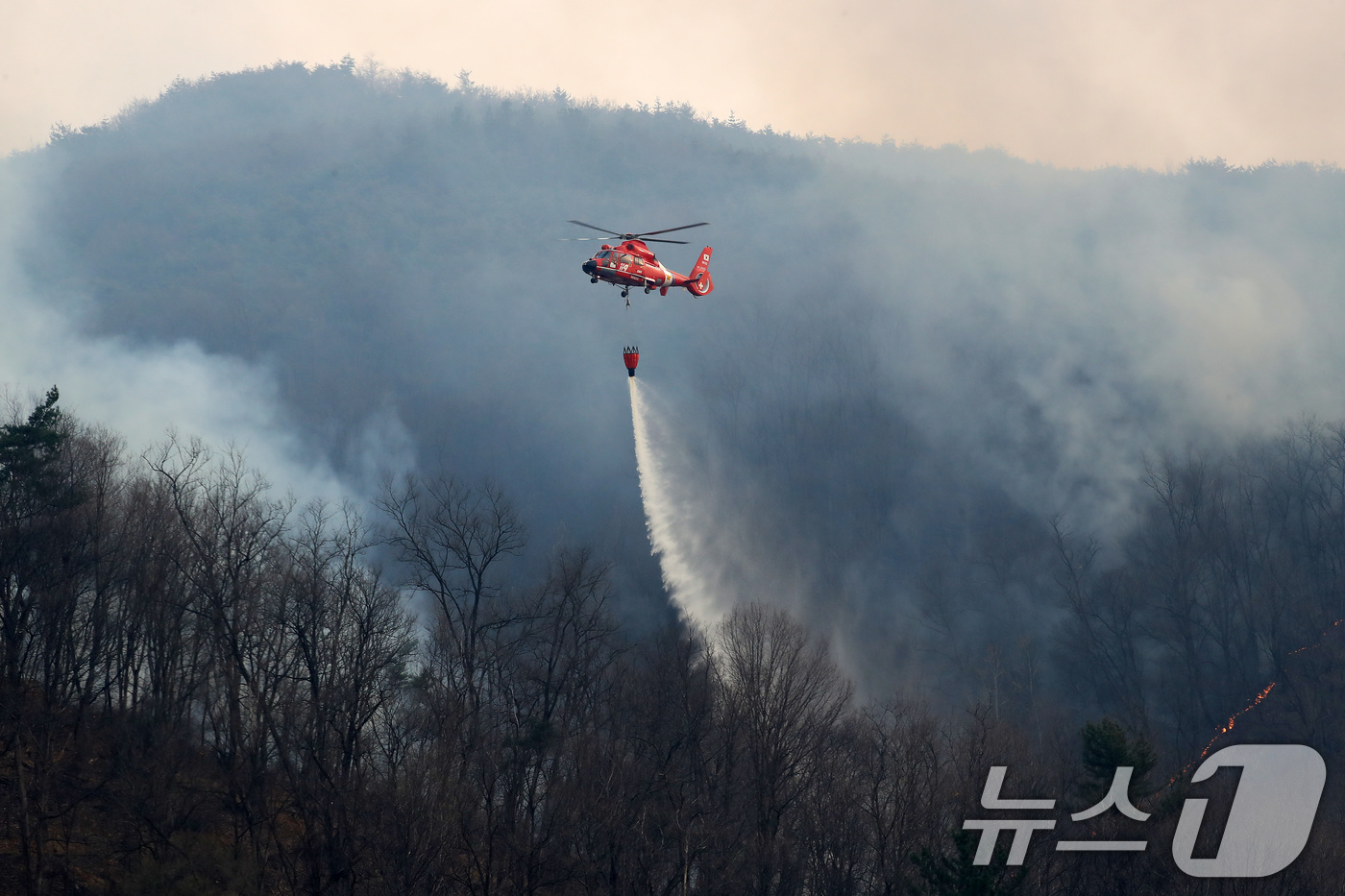 (의성=뉴스1) 공정식 기자 = 23일 오후 산불진화 헬기가 경북 의성군 안평면 야산에 불을 끄기 위해 물을 뿌리고 있다. 2025.3.23/뉴스1