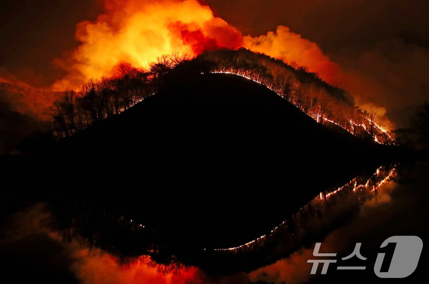 본문 이미지 - 지난 3월23일 어둠이 짙게 깔린 경북 의성군 의성읍 업리 동사곡지(저수지) 뒷산에 거대한 산불이 확산하고 있다. 2025.3.23/뉴스1 ⓒ News1 공정식 기자
