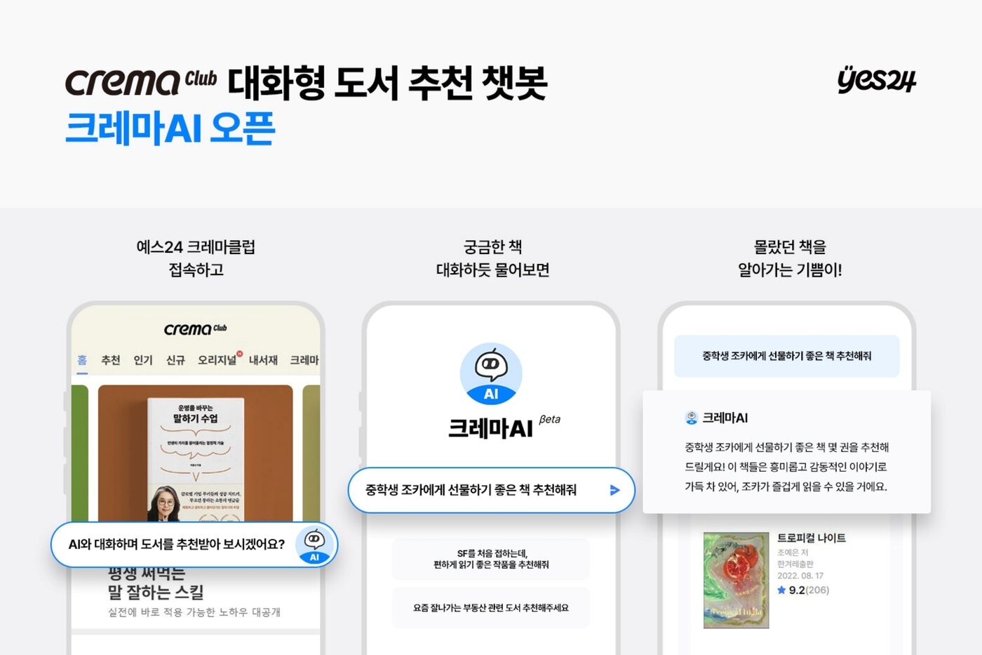 본문 이미지 - 크레마클럽 대화형 도서 추천 챗봇 ‘크레마AI’ 이용 예시 (예스24 제공)