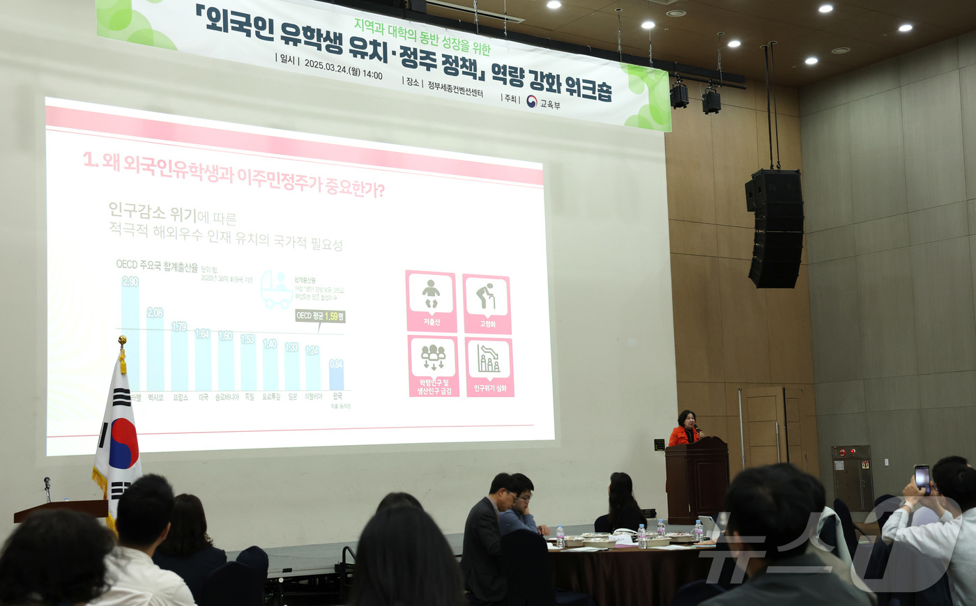 (세종=뉴스1) 김기남 기자 = 24일 오후 세종시 정부세종컨벤션센터에서 열린 '외국인 유학생 유치·정주 정책' 역량 강화 워크숍에서 윤명숙 전북대 대외취업 부총장이 외국인 유학생 …