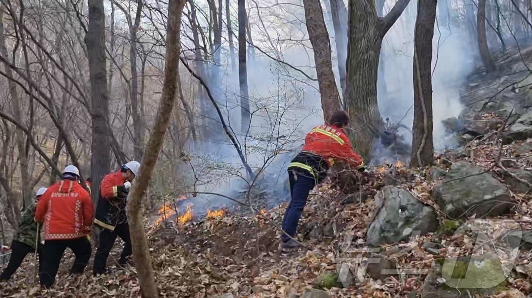 (울산=뉴스1) 김지혜 기자 = 울산시 공무원 산불진화대가 24일 오후 울산 울주산불 화재현장 진화작업을 벌이고 있다.당국은 헬기 13대, 인력 2414명(공무원 820명, 진화대 …