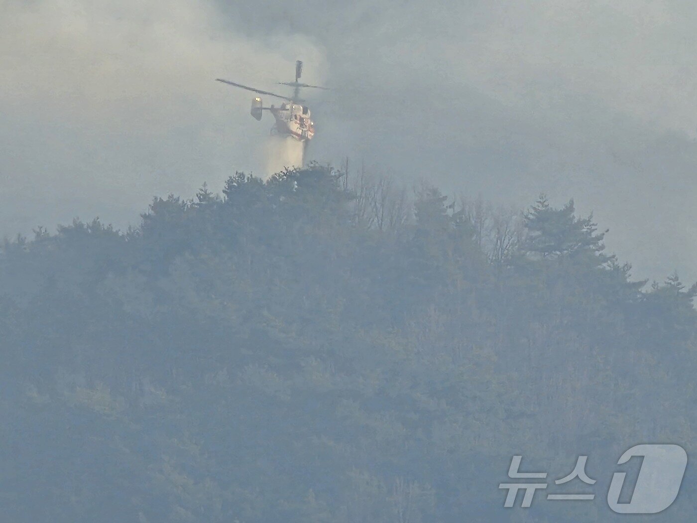 본문 이미지 - 산림청이 25일 지리산국립공원과 가장 가까운 산청 산불 현장에 헬기를 투입해 진화 작업을 벌이고 있다. 2025.3.25 2025.3.25/뉴스1 ⓒ News1 한송학 기자