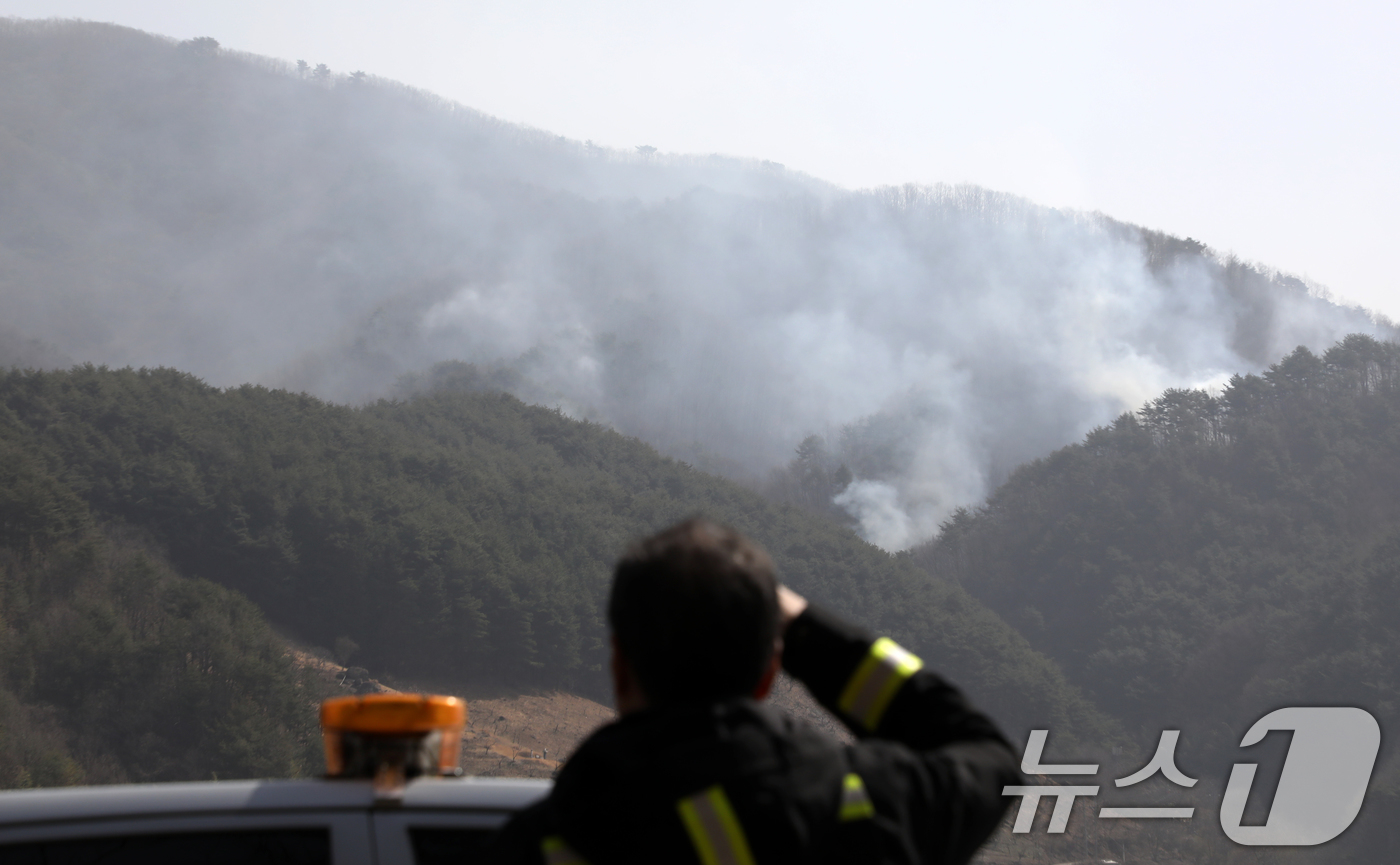 (산청=뉴스1) 윤일지 기자 = 경남 산청 대형 산불 닷새째인 25일 지리산과 인접한 산청군 시천면 구곡산 일대에 산불이 번져 지리산국립공원공단 관계자가 산불을 지켜보고 있다. …