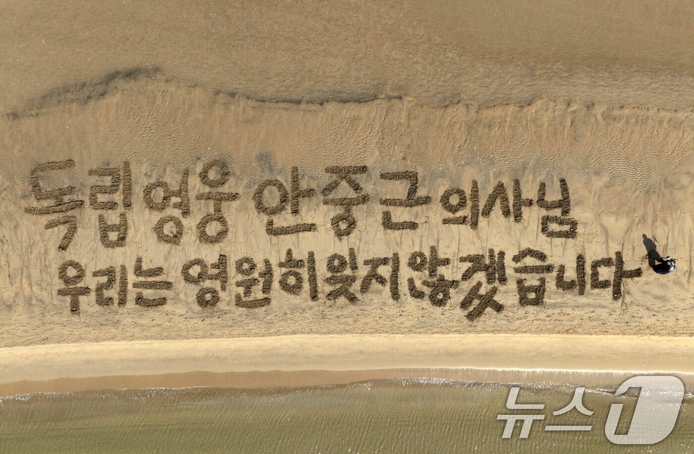 본문 이미지 - 서예가 김동욱 씨가 25일 경북 포항시 송도 백사장에서 안중근의 115주년 순국일&#40;26일&#41;을 앞두고 대형 퍼포먼스로 안 의사의 순국 정신을 기리고 있다. &#40;서예가 김동욱 씨 제공&#41; 2025.3.25/뉴스1 ⓒ News1 최창호 기자