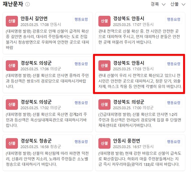 [속보] 산불 확산에 안동시 "전 시민 안전한 곳으로 대피"