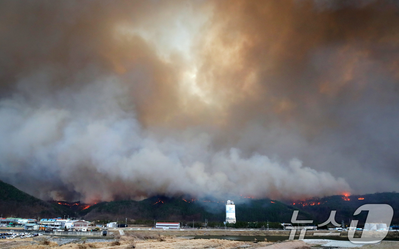 (안동=뉴스1) 공정식 기자 = 25일 오후 경북 안동 전역에 강풍이 불어 산불이 급속도로 확산하고 있다. 2025.3.25/뉴스1