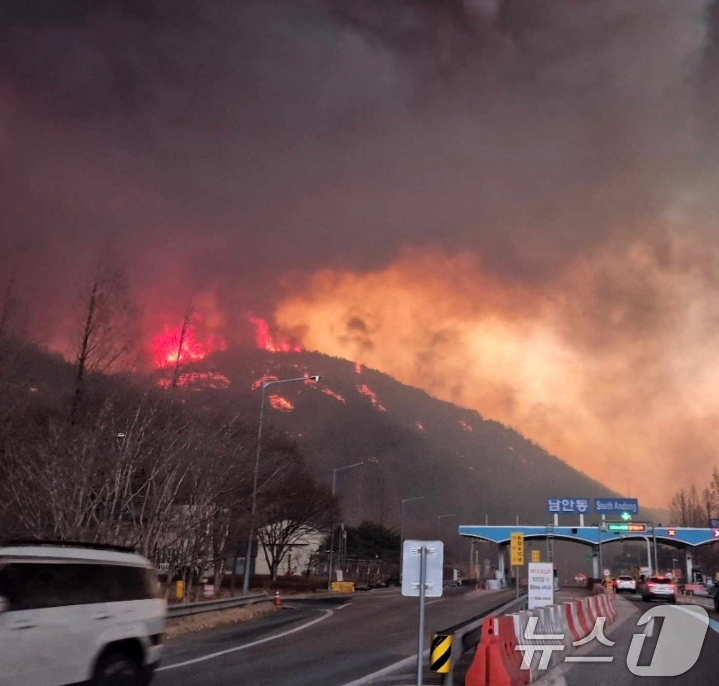 (안동=뉴스1) 최창호 기자 = 경북 의성군에서 발생한 산불이 25일 강한 바람을 타고 안동시 쪽으로 번지고 있다. (독자제공, 재판매 및 DB 금지)  2025.3.25/뉴스1