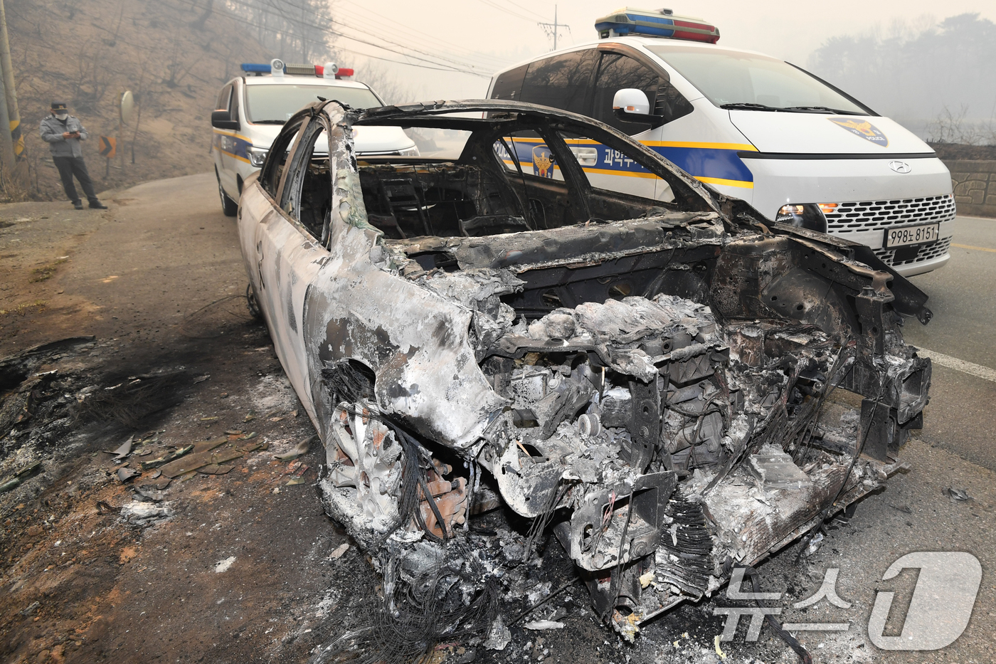 (영덕=뉴스1) 최창호 기자 = 26일 경북 영덕군 매정리 마을로 들어가는 도로에서 경찰관이 불에 탄 승용차를 확인하고 있다.경찰은 산불이 확산되자 승용차로 대피하던 요양원 입소자 …