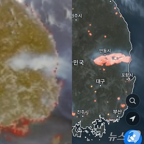 본문 이미지 -  26일 오전 11시 기준 경북 산불 위성사진&#40;오른쪽&#41;과 산불로 인한 연기 이동 모습.&#40;국립해양조사원 국가해양위성센터 제공. 재판매 및 DB 금지&#41;2025.3.26/뉴스1