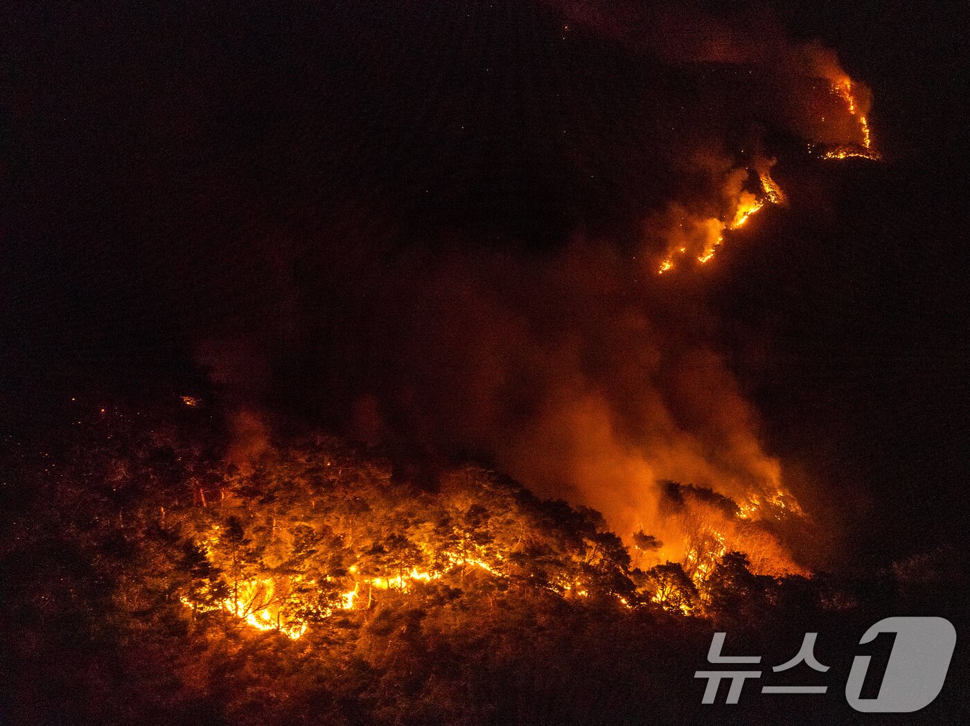 본문 이미지 - 26일 오후 어둠이 내린 경북 청송군 주왕산면 상의리 주왕산국립공원에 산불이 번지고 있다. 2025.3.26/뉴스1 ⓒ News1 공정식 기자