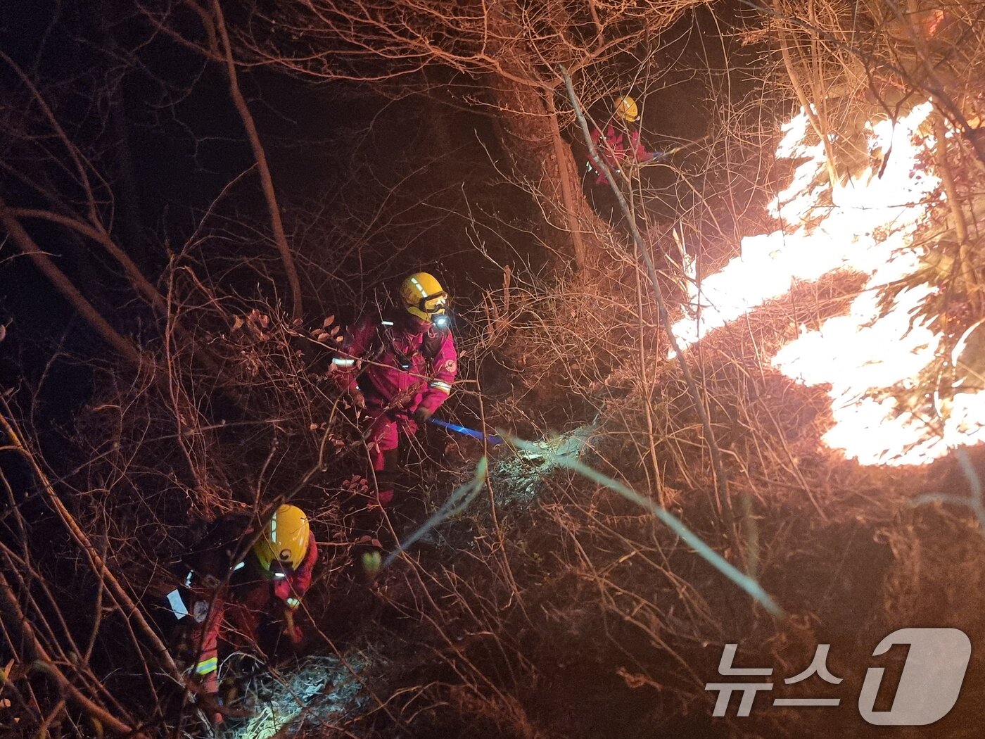 본문 이미지 - 산림청 공중진화대와 산불재난특수진화대가 26일 밤부터 27일 새벽 사이 경남 산청군 시천면 동당리 일대에서 민가와 지리산을 지키기 위해 산불과 사투를 벌이고 있다. (산림청 제공. 재판매 및 DB 금지) 2025.3.27/뉴스1 ⓒ News1 윤일지 기자