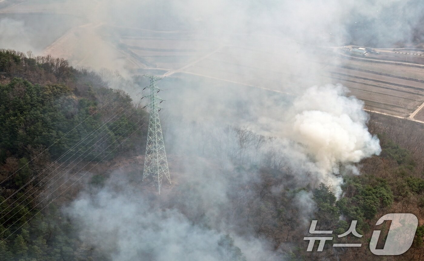 본문 이미지 - 27일 경북 의성군 비안면 일대 야산에서 산불로 연기가 나고 있다. 2025.3.27/뉴스1 ⓒ News1 이승배 기자