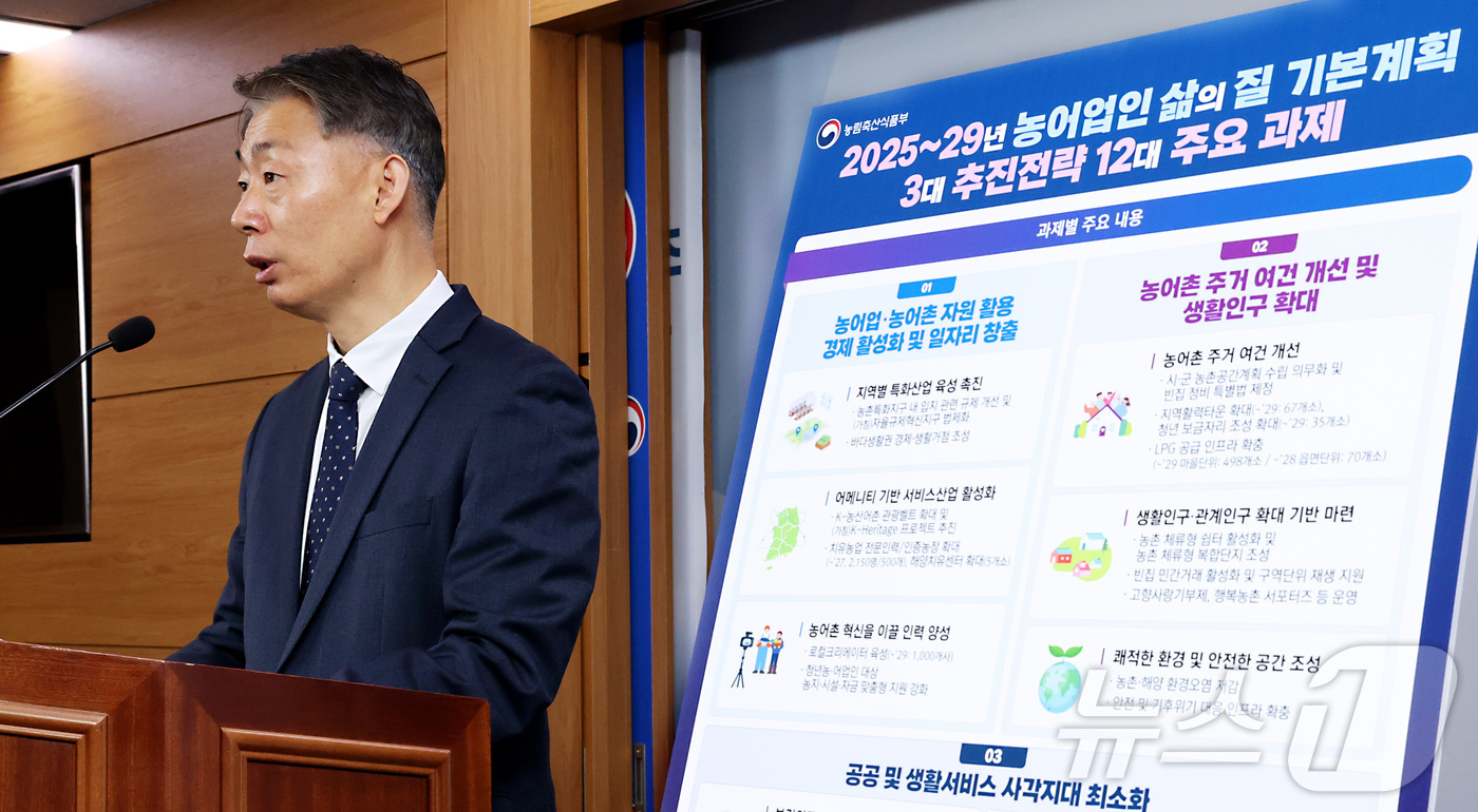 (세종=뉴스1) 김기남 기자 = 박성우 농림축산식품부 농촌정책국장이 27일 세종시 정부세종청사에서 제5차 농업인 삶의 질 향상 기본계획을 발표하고 있다.2004년 농업인 삶의 질 …