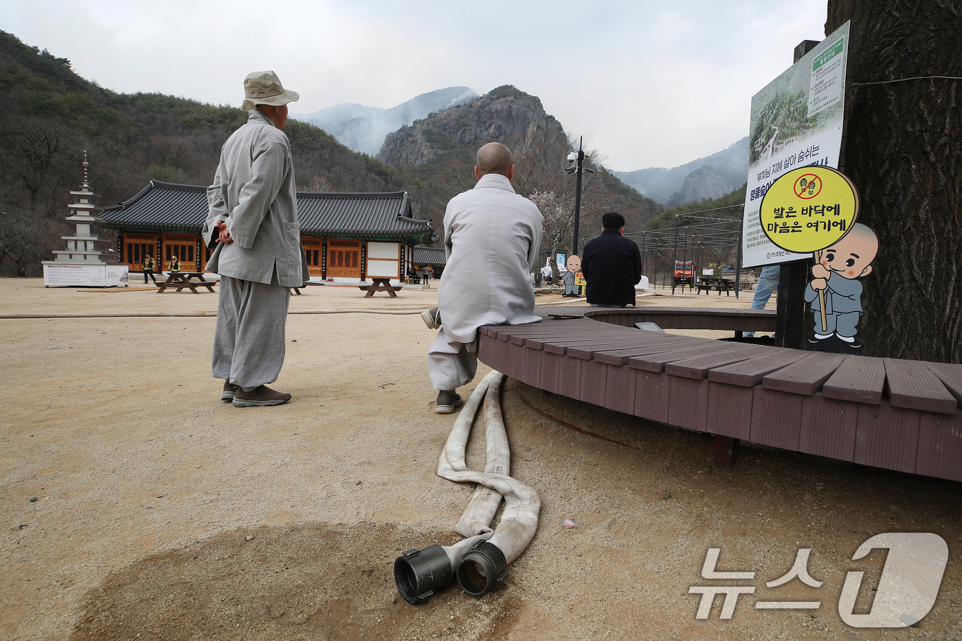 (청송=뉴스1) 공정식 기자 = 27일 오전 경북 청송군 주왕산면 상의리 조계종 천년고찰 대전사에서 스님이 연기가 피어오르는 주왕산을 바라보고 있다.밤사이 산불이 대전사 인근까지 …