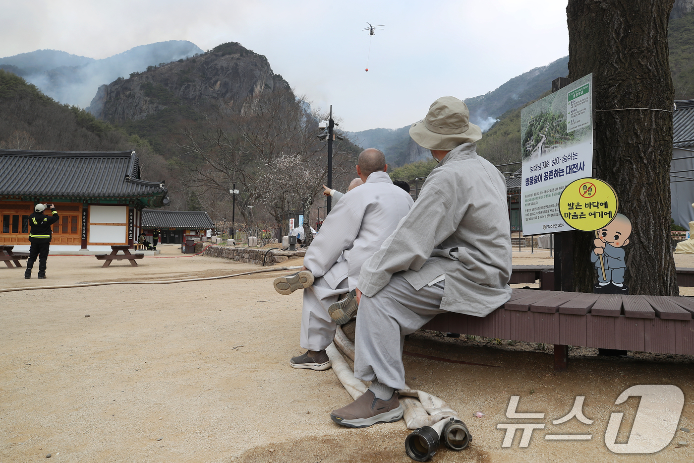 (청송=뉴스1) 공정식 기자 = 27일 오전 경북 청송군 주왕산면 상의리 조계종 천년고찰 대전사에서 스님이 연기가 피어오르는 주왕산을 바라보고 있다.밤사이 산불이 대전사 인근까지 …