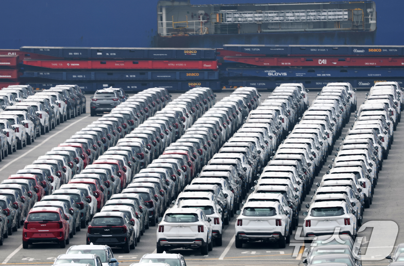 (평택=뉴스1) 오대일 기자 = 27일 경기도 평택시 포승읍 평택항 자동차전용부두에 수출용 차량들이 세워져 있다. 도널드 트럼프 미국 대통령은 26일(현지시간) 철강·알루미늄에 이 …