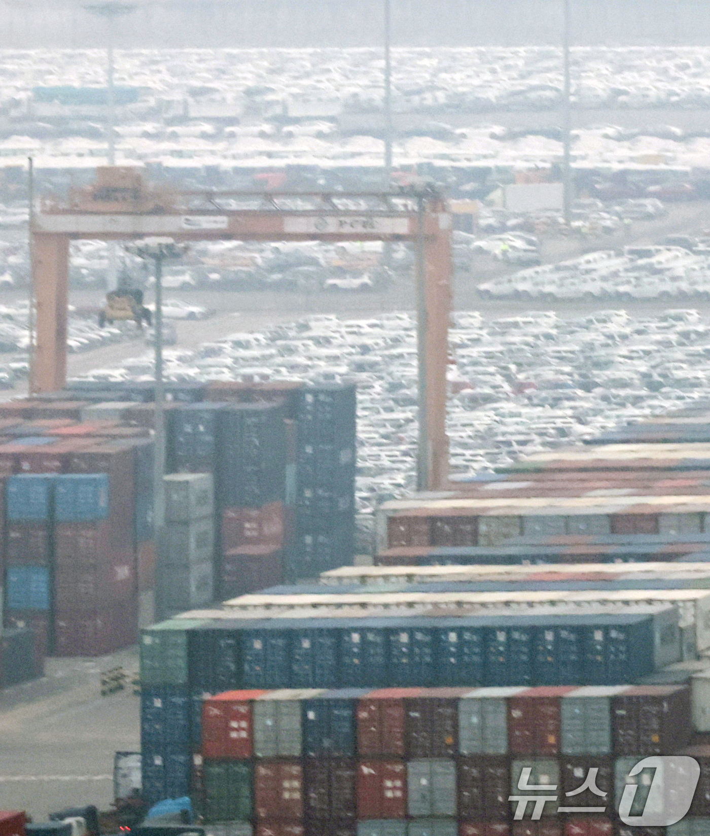 (평택=뉴스1) 오대일 기자 = 27일 오후 경기 평택시 포승읍 평택항 수출 야적장 컨테이너 뒤로 수출용 자동차들이 세워져 있다. 도널드 트럼프 미국 대통령은 26일(현지시간) 철 …