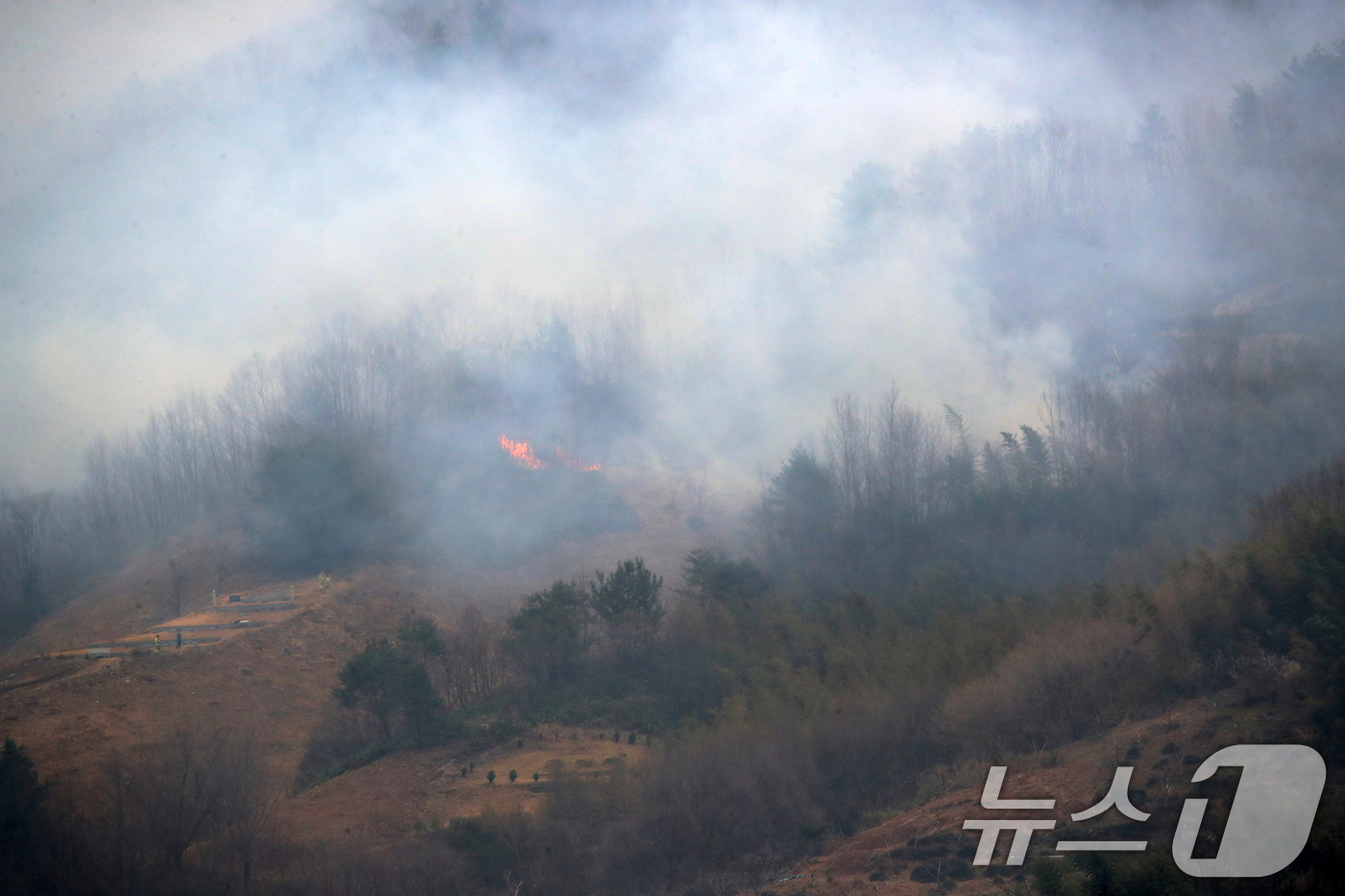 (산청=뉴스1) 윤일지 기자 = 경남 산청·하동 산불 일주일째인 27일 오후 지리산과 인접한 산청군 시천면 동당마을 일대에 불길이 치솟고 있다. 2025.3.27/뉴스1