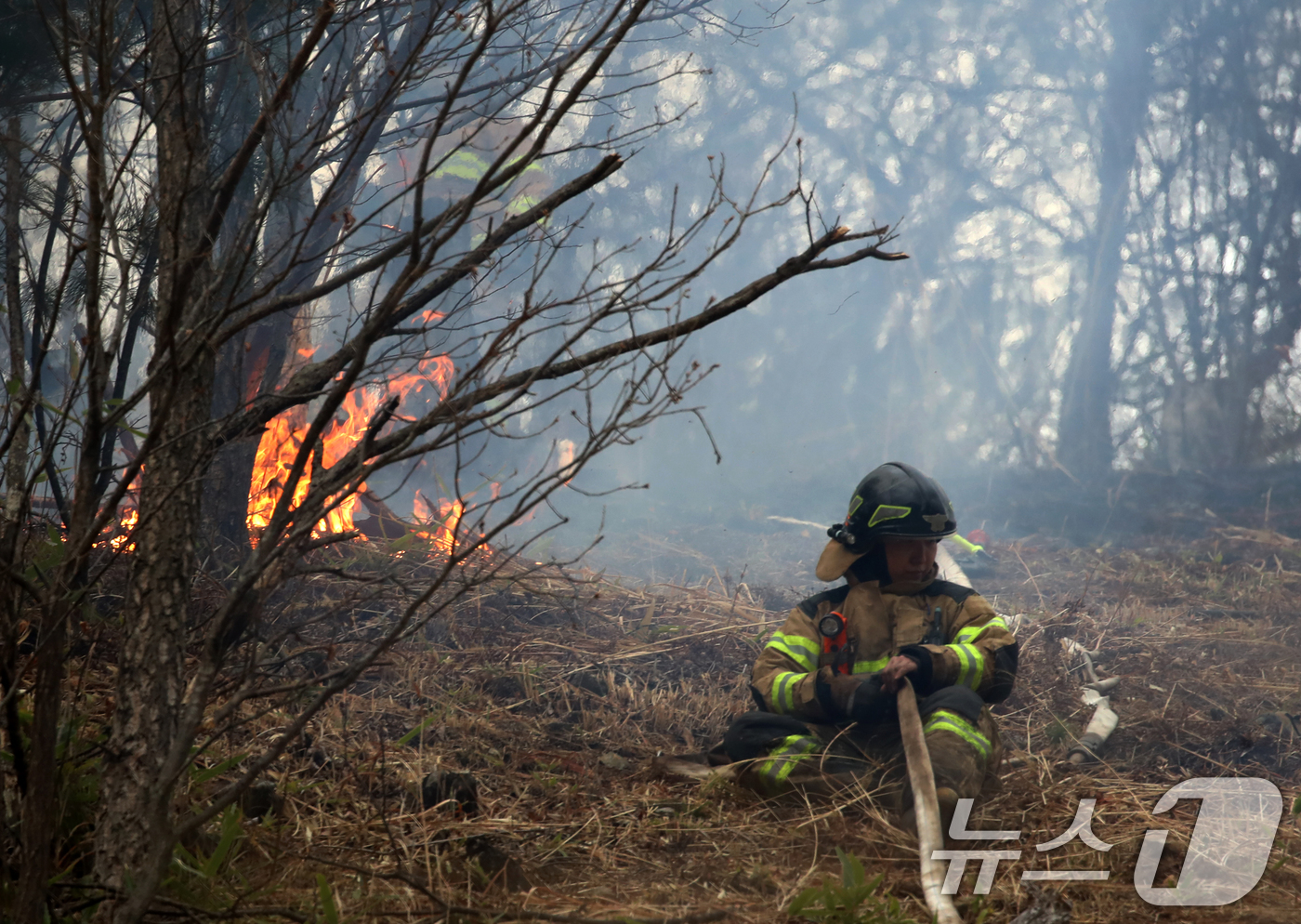 (산청=뉴스1) 윤일지 기자 = 경남 산청·하동 산불 일주일째인 27일 오후 지리산과 인접한 산청군 시천면 동당마을 일대에서 소방관이 산불 진화 작업 중 잠깐 휴식하고 있다. 20 …